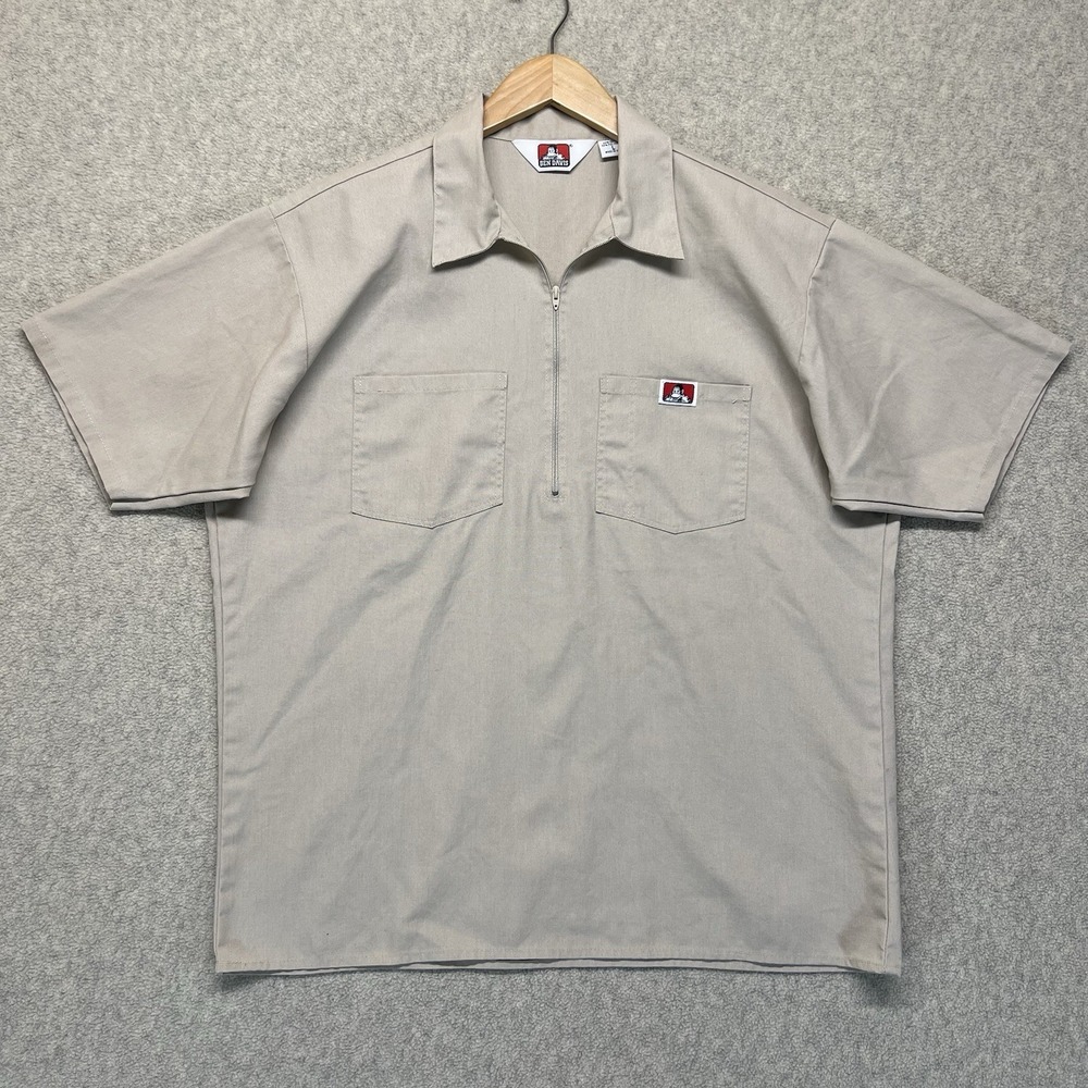 Ben Davis Half Zip Work Shirt Mens Large Beige Short Sleeve Made USA Uniform